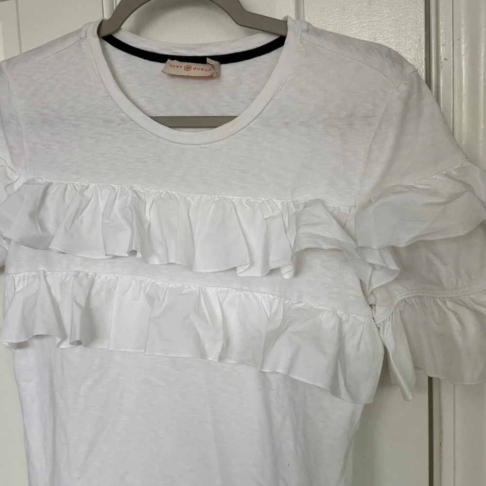 Tory Burch Frill Ruffle Tshirt Cotton Poplin Detail Crewneck White